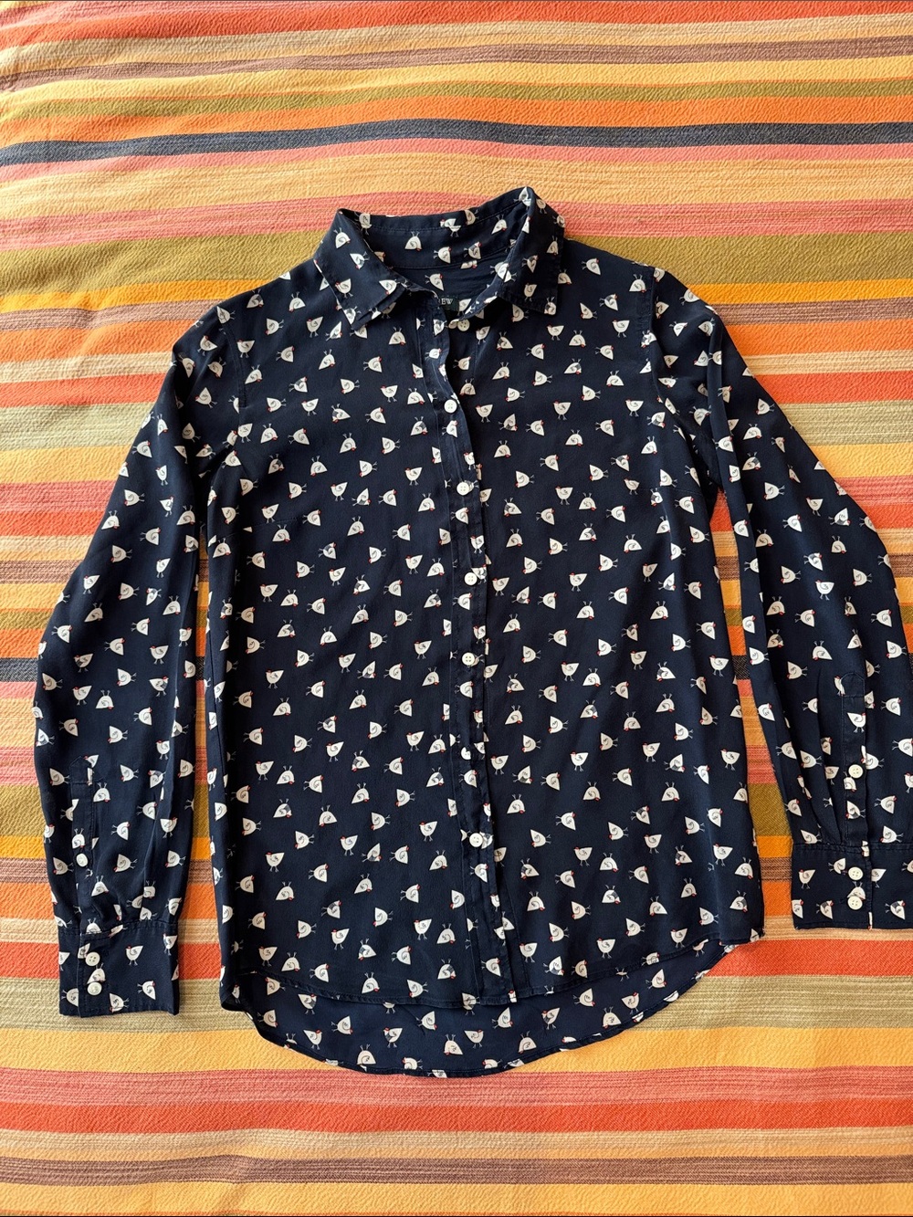 J. Crew Navy Shirt with Cream & Red Chick Print